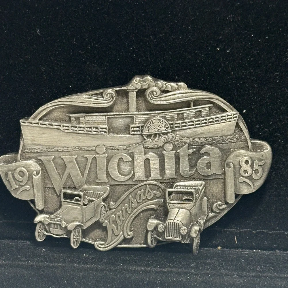 Vintage 1985 Wichita KS Commemorative Limited Edition Cars Steamship Belt Buckle